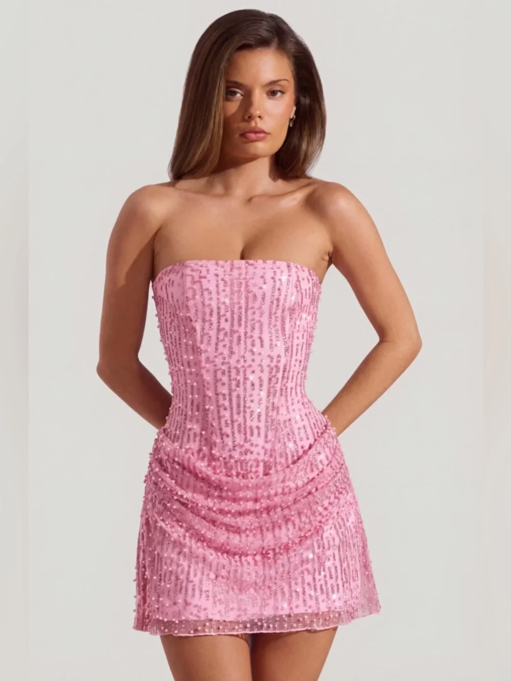 NEW Oh Polly Pink Ziya Embellished Glitter Beaded Strapless Mini Dress barbie - Picture 12 of 12